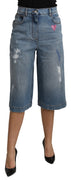 Blue Wide Leg Cropped Mid Waist Cotton Jeans
