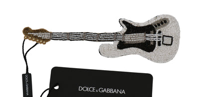 White Guitar Sequin Beaded Branded Lapel Pin Brooch