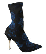 Black Stretch Blue Roses Ankle Boots Shoes