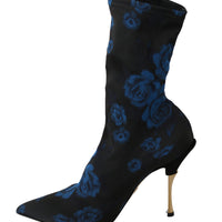 Black Stretch Blue Roses Ankle Boots Shoes