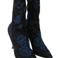 Black Stretch Blue Roses Ankle Boots Shoes