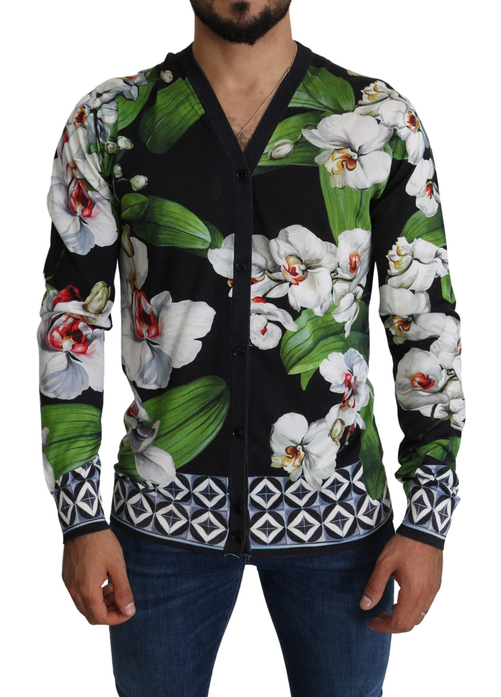 Black Floral V-neck Cardigan Silk Sweater