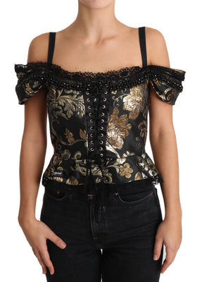 Black Gold Floral Jacquard Crystal Blouse