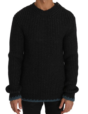 Black Knit Wool Crewneck Pullover Sweater