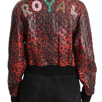 Red Leopard Button Crystal Leather Jacket