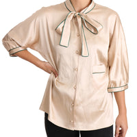 Beige Ribbon Silk Stretch Top Blouse