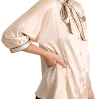 Beige Ribbon Silk Stretch Top Blouse