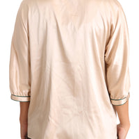 Beige Ribbon Silk Stretch Top Blouse