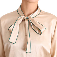 Beige Ribbon Silk Stretch Top Blouse