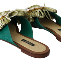 Green Leather Rafia Crystal Sandals Shoes