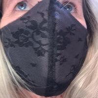 Black Lace on Gray Face Mask by Rebel, Stretchy, Nose Wire, Made in USA