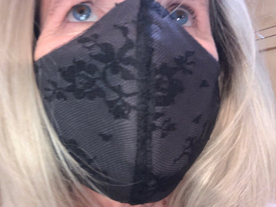 Black Lace on Gray Face Mask by Rebel, Stretchy, Nose Wire, Made in USA