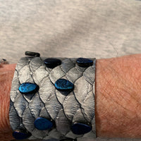 Mermaid Scales with Blue Water Glass Beads Leather Cuff Bracelet
