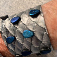 Mermaid Scales with Blue Water Glass Beads Leather Cuff Bracelet