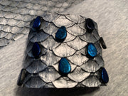 Mermaid Scales with Blue Water Glass Beads Leather Cuff Bracelet