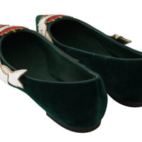 Green Velvet Red Heart Flats Loafers Shoes