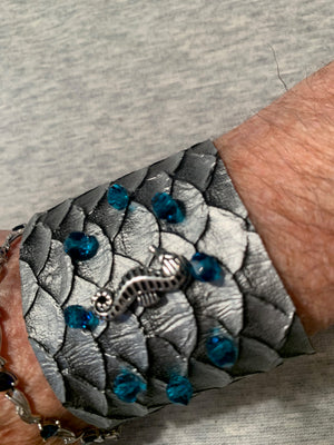 Mermaid Scales with Seahorse, Teal Beads Leather Cuff Bracelet