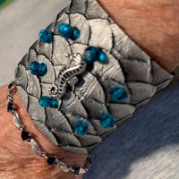 Mermaid Scales with Seahorse, Teal Beads Leather Cuff Bracelet