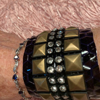 Brass with Crystals on Black Patent Leather Cuff Bracelet