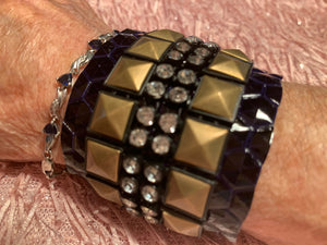 Brass with Crystals on Black Patent Leather Cuff Bracelet