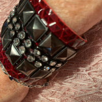 Gunmetal with Crystals on Deep Red Patent Leather Cuff Bracelet