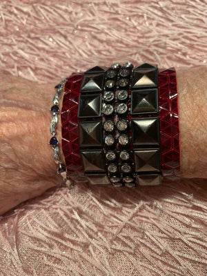 Gunmetal with Crystals on Deep Red Patent Leather Cuff Bracelet