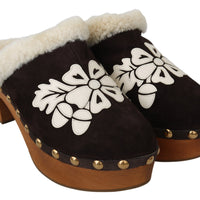 Brown Suede Shearling Mules Sandals Shoes