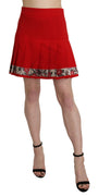 Red High Waist Wool Short Floral Print Skirt