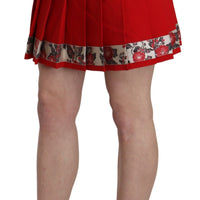 Red High Waist Wool Short Floral Print Skirt