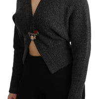 Gray Crystal Pin Cardigan Cropped Sweater