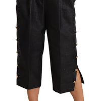Black Side Buttons Cotton Cropped Pants