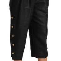 Black Side Buttons Cotton Cropped Pants