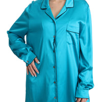 Blue Shirt Top Silk Stretch Pyjama Blouse