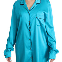 Blue Shirt Top Silk Stretch Pyjama Blouse