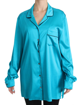 Blue Shirt Top Silk Stretch Pyjama Blouse