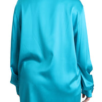 Blue Shirt Top Silk Stretch Pyjama Blouse