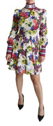 Multicolor Floral Pleated Mini Silk Logo Dress