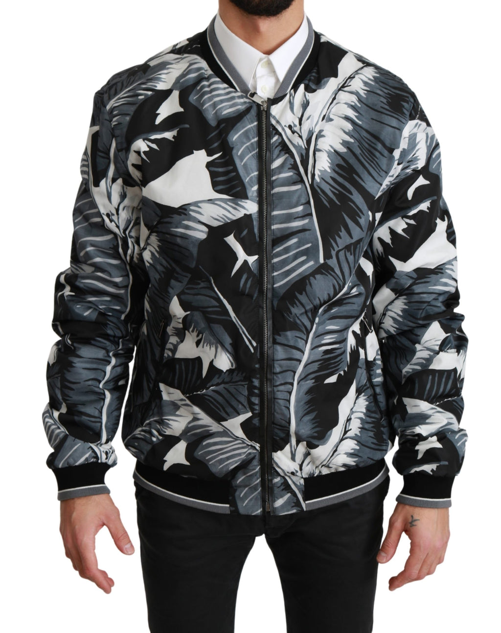 Black Banana Leaf Print Bomber Nylon Jacket