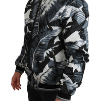 Black Banana Leaf Print Bomber Nylon Jacket