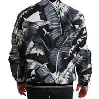 Black Banana Leaf Print Bomber Nylon Jacket