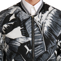 Black Banana Leaf Print Bomber Nylon Jacket