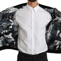 Black Banana Leaf Print Bomber Nylon Jacket