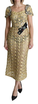 Gold Crystal Embellished Lace Sheath Maxi Dress