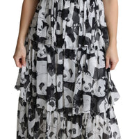 Black White Panda Layered Silk Maxi Long Dress