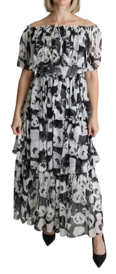 Black White Panda Layered Silk Maxi Long Dress