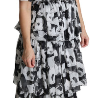 Black White Panda Layered Silk Maxi Long Dress