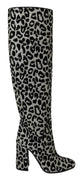 Black Silver Leopard Knee High Boots Shoes