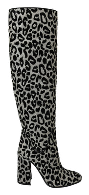 Black Silver Leopard Knee High Boots Shoes