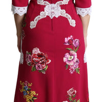 Red Floral Embroidered Sheath Midi Dress