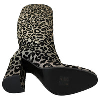 Black Silver Leopard Knee High Boots Shoes